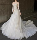 Enchanting Off-Shoulder Ivory Tulle Lace Embroidery Dramatic Train Wedding Dress TP5591