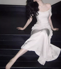 Elegant Off-Shoulder Ivory Satin Midi Sheath Prom Dress TP5595