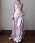 Romantic Strapless Pink Satin Evening Gown 3D Floral Sheath Prom Dress TP5598