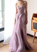 Ethereal Strapless Lavender Chiffon Evening Gown Sequin High Slit Prom Dress TP5601