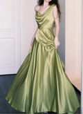Ethereal One-Shoulder Olive Green Satin Evening Gown Draped A-Line Prom Dress TP5602