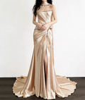 Glamorous Champagne Satin Evening Gown High Slit Draped Strapless Prom Dress TP5610