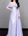 Glamorous Soft Lavender Satin Off-the-Shoulder Ruched Prom Dress TP5614