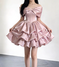 Vintage Pink Satin Off-the-Shoulder Bow Mini Ruffled Tiered A-Line Homecoming Dress Cocktail Dress TP5616