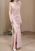 Elegant Pink Sequin One-Shoulder Feather-Trimmed Slit Sheath Prom Dress TP5619