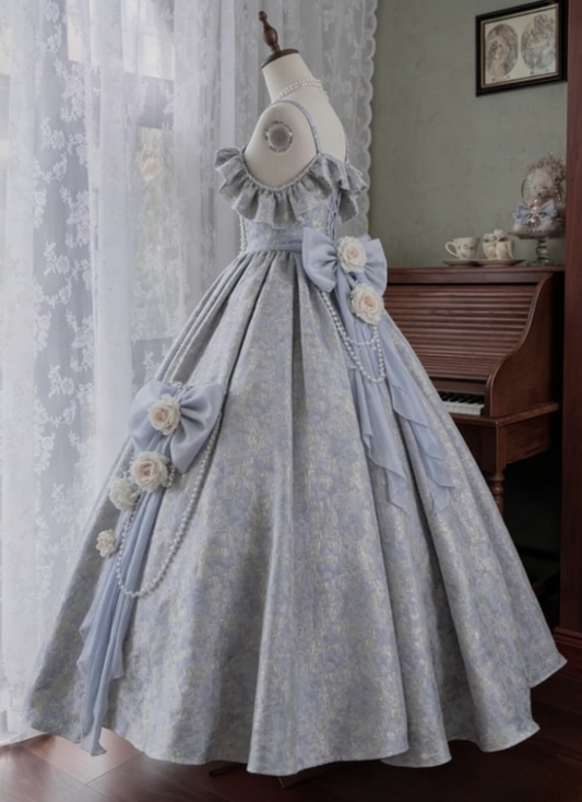 Vintage-Inspired Light Blue A-Line Brocade Lolita Ball Gown with Ruffled Details & Floral Accents – Elegant Victorian-Style Formal Dress TP5065
