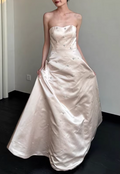 Dreamy Champagne Satin Prom Dress Strapless Beaded Evening Gown TP5651