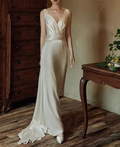 Glamorous Ivory V-Neck Satin Sheath Wedding Dress TP5654