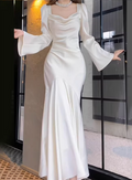 Elegant Satin White Cowl Neck Mermaid Wedding Dress Flared Sleeves Bridal Gown TP5661
