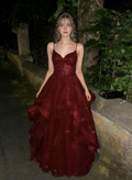 Glamorous Burgundy Spaghetti Strap Ruffled Sweet 15 Quinceanera Ball Gown