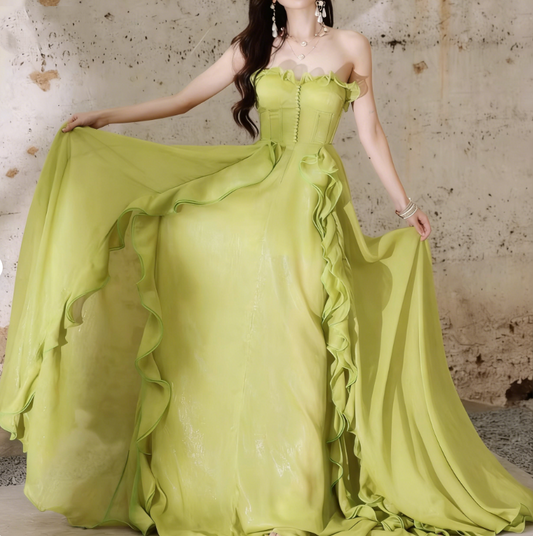 Romantic Lime Green Strapless Evening Gown Dramatic Ruffled Prom Dress TP5705