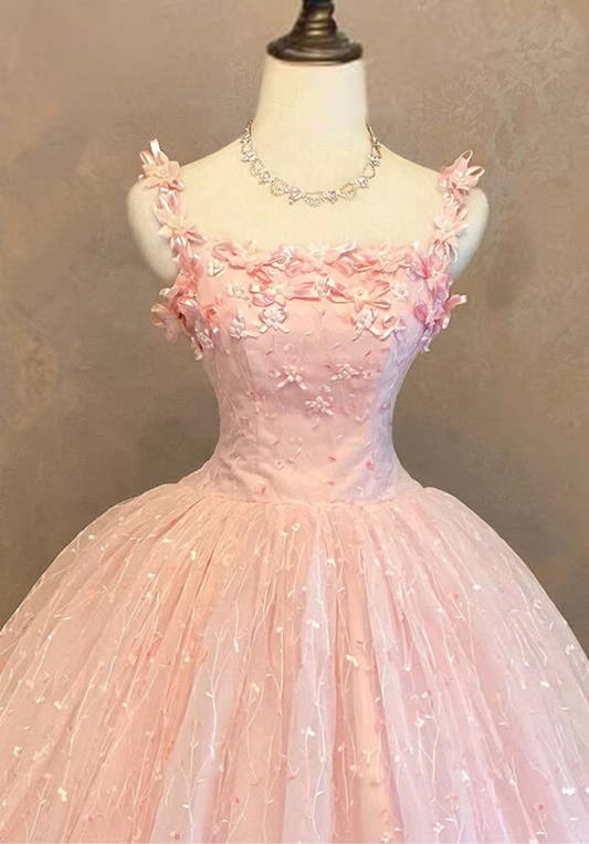 Glamorous Pink Floral Applique Spaghetti Strap Sweet 15 Quinceanera Ball Gown TP5727