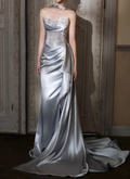 Silver Satin Strapless Evening Gown Beaded Mermaid Prom Dress TP5767