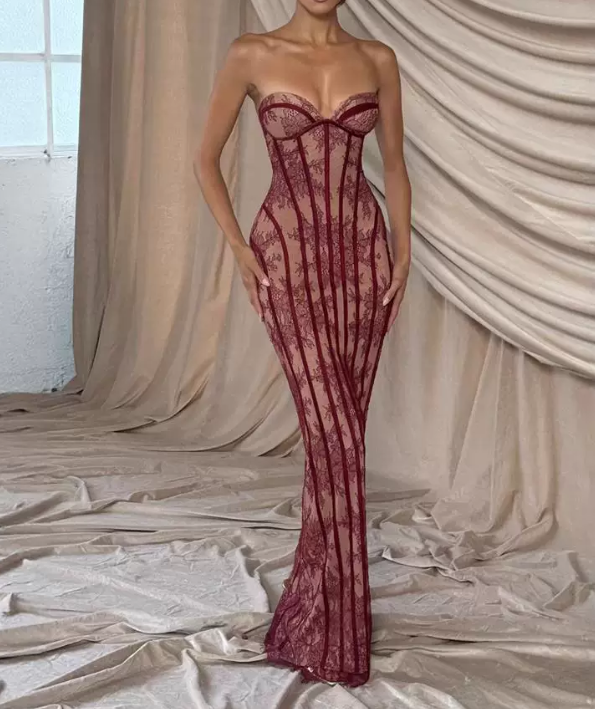 Gorgeous Strapless Corset Lace Mermaid Prom Gown Sweetheart Sheer Formal Evening Dress TP5754