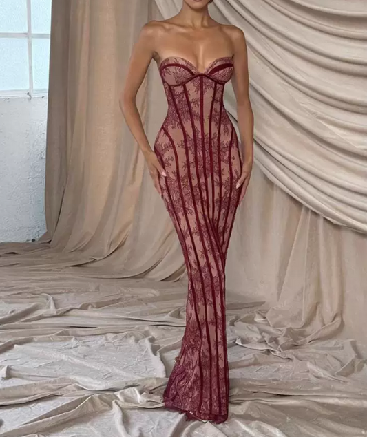 Gorgeous Strapless Corset Lace Mermaid Prom Gown Sweetheart Sheer Formal Evening Dress TP5754