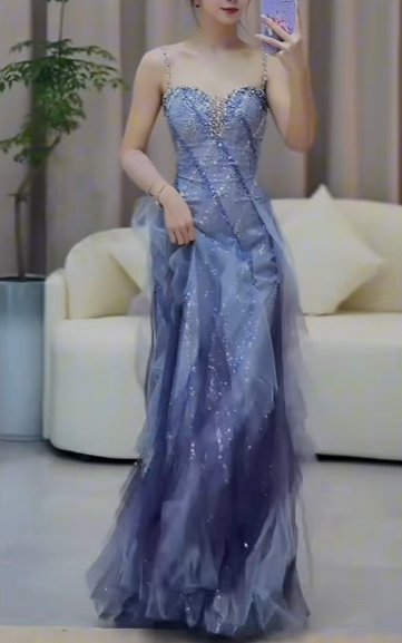 Vintage Sparkly Blue Spaghetti Strap Evening Gown Beaded Sweetheart Tulle Prom Dress TP5841