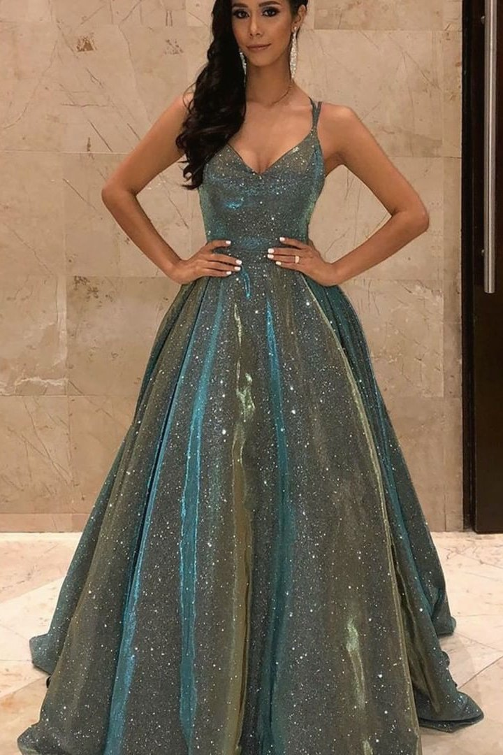 Shinning Spaghetti-Straps V-Neck Sequins Prom Dress Long Sleeveless gh753