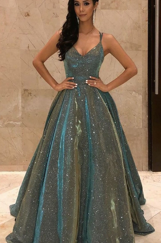 Shinning Spaghetti-Straps V-Neck Sequins Prom Dress Long Sleeveless gh753