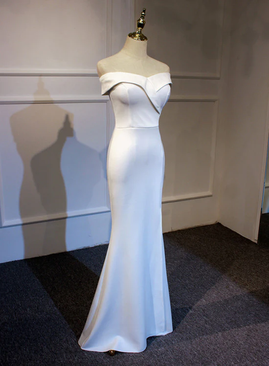 Elegant White Off Shoulder Slit Mermaid Party Dress, White Party Gown gh407