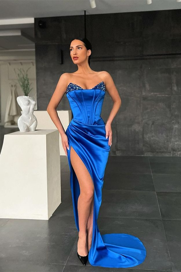 Royal Blue Mermaid Prom Dress Split With Sequins gh637