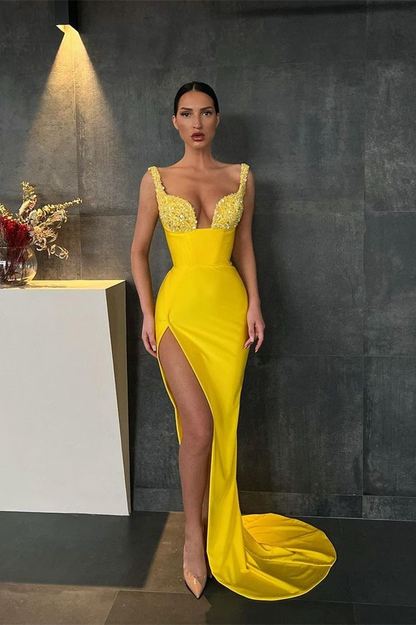 Yellow Sequins Straps Mermaid Prom Dress With Slit gh638