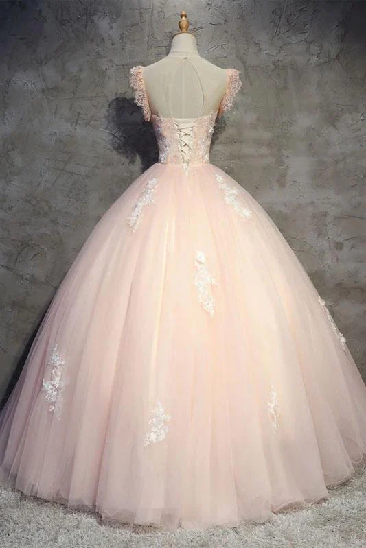 Light Peach Tulle Long Prom Dress With Flowers, Princess Ball Gown Sheer Neck Party Dress gh990