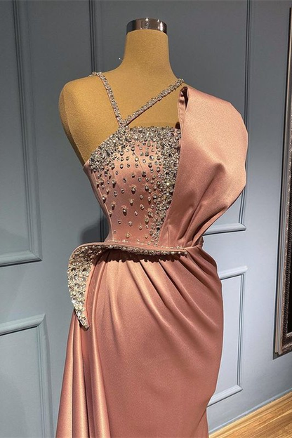 Pink Sleeveless Spaghetti-Straps Ruffles Mermaid Prom Dress With Beads gh714
