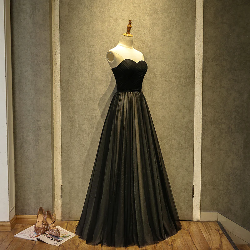 Simple Black Sweetheart A-Line Long Tulle Party Dress, Black Evening Gown gh281