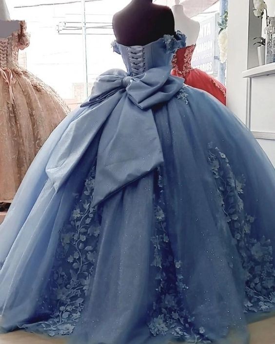 Blue gorgeous exquisite floral applique strapless long prom dress evening gown quinceanera dress sweet 16 years old dress gh930