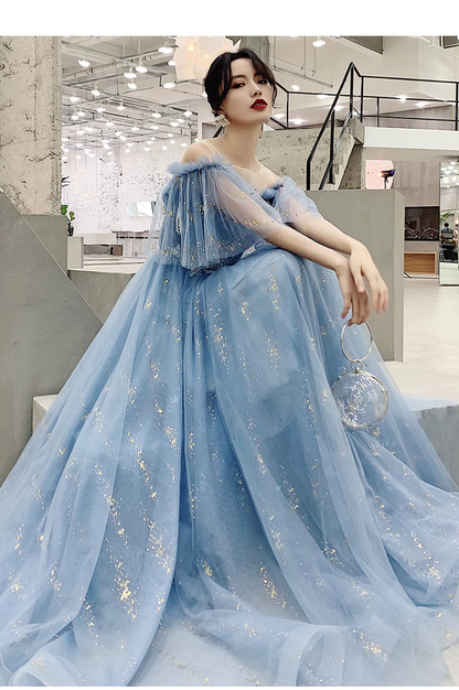 Light Blue Tulle Off Shoulder With White Lace Party Dress, Blue Formal Dress Gowns  gh32
