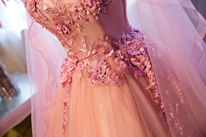 Pink Tulle Sweet 16 Party Dress With Lace Applique, Long Formal Gown gh973