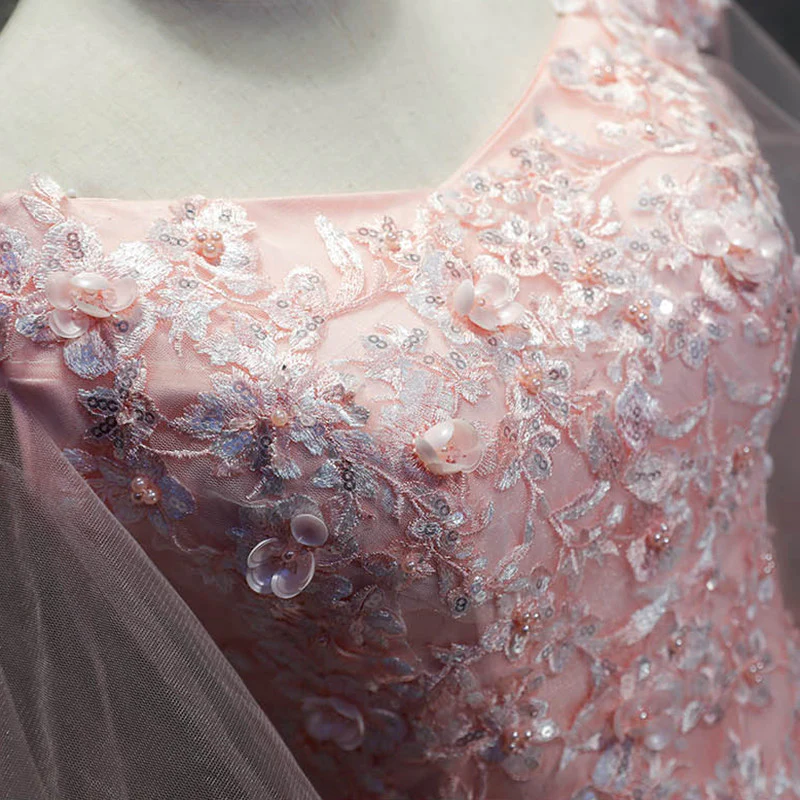 Pink Cap Sleeves Ball Gown Tulle With Lace Sweet 16 Dresses, Long Quinceanera Dresses gh77