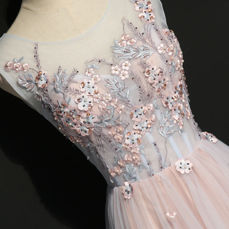 Light Pink Floral Tulle A-Line Prom Dress  Long Party Dress  gh401