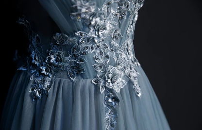Beautiful Blue Tulle Long Party Dress, A-Line Prom Dress With Lace Applique gh271