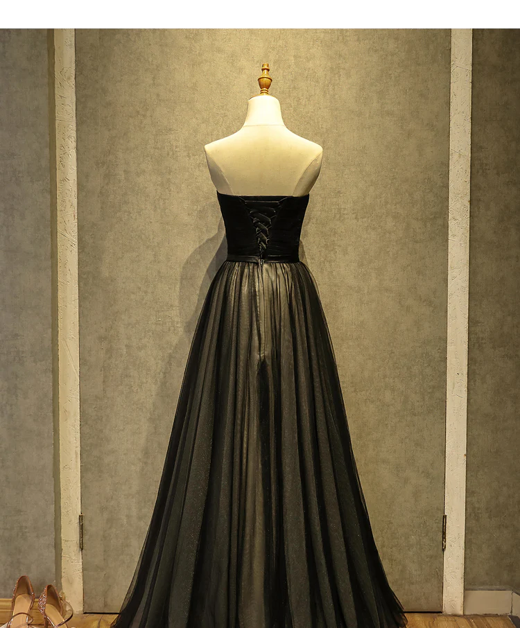 Simple Black Sweetheart A-Line Long Tulle Party Dress, Black Evening Gown  gh173
