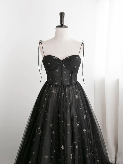 Black Sweetheart Tulle Straps Long Evening Dress, Black Formal Dress Party Dresses   Prom dress gh11