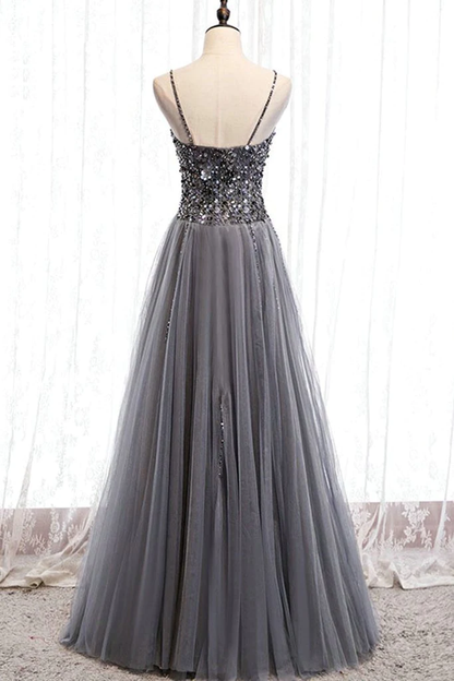 Beautiful Grey Beaded Tulle Prom Dresses, Straps Party Dress  gh194