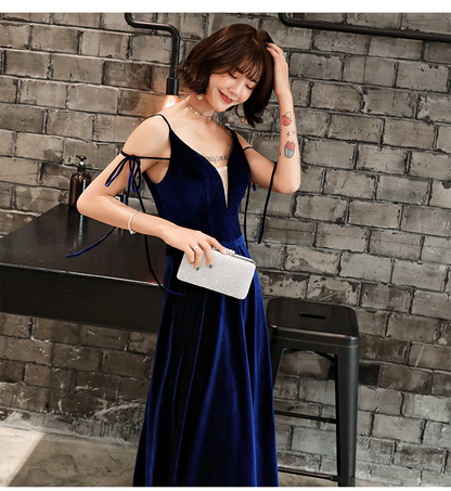 Beautiful Velvet Party Dress, Straps Long Prom Dress gh312