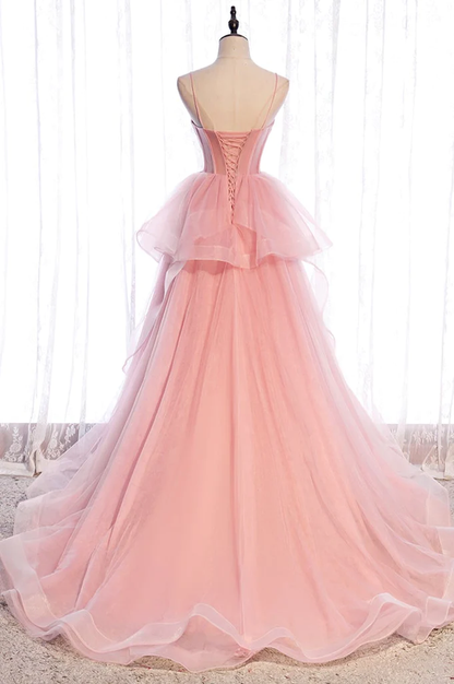 Pink Tulle Sweetheart Straps Long Formal Dresses, Pink Layers Party Dresses  gh29