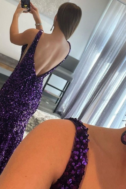 Purple V-Neck Long Mermaid Prom Dress With Sequins  gh748