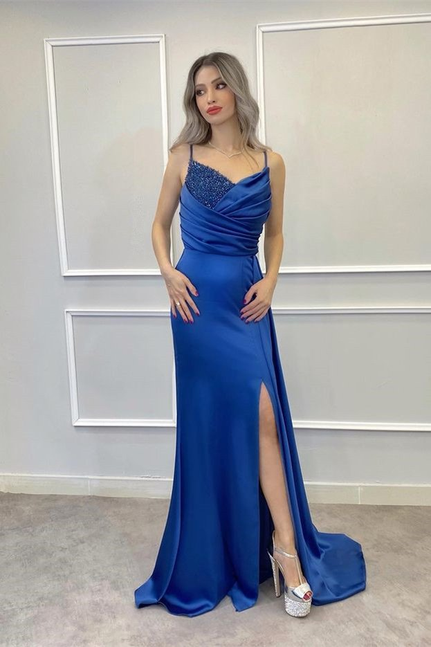 Spaghetti-Straps Beadings Long Mermaid Prom Dress Split With Ruffles  gh758