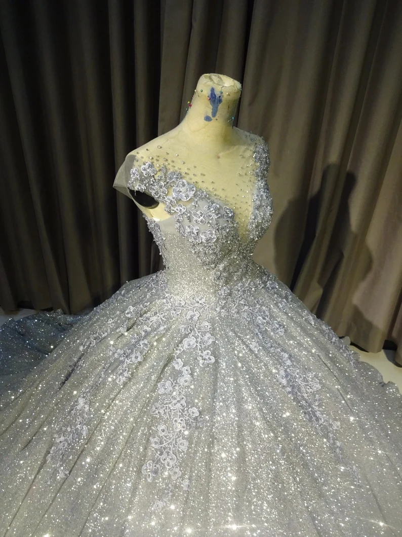 Silver gorgeous shiny elegant long exquisite sequin ball gown wedding dress modern evening dress custom dress gh932
