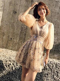 Chic Shiny Champagne Sequin Homecoming Dress V-neck Party Dress Short A-Line Cocktail Dress TP4667