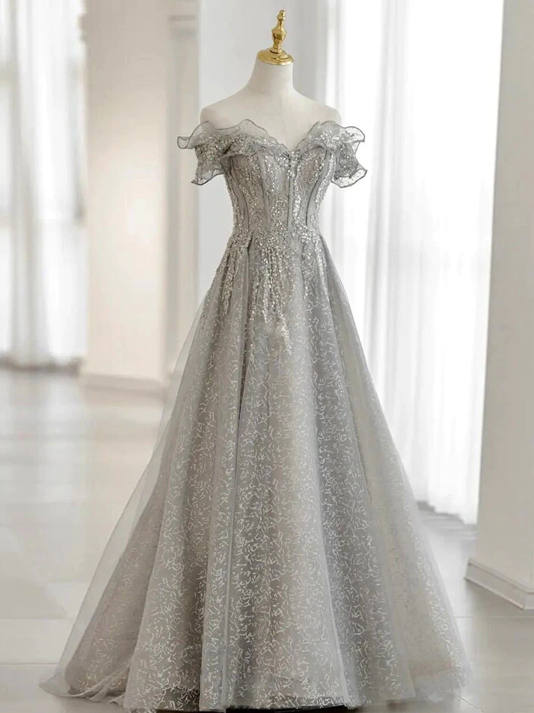 Gray Tulle Sequin Lace Off Shoulder Long Prom Dress, Gray Evening Dress gh2576