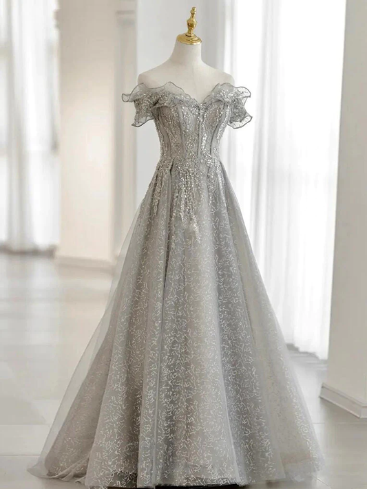 Gray Tulle Sequin Lace Off Shoulder Long Prom Dress, Gray Evening Dress gh2576