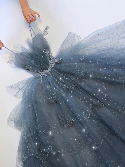 Blue gorgeous sparkling exquisite beaded long tulle ball gown evening dress with rhinestones multi-layered dress gh1001