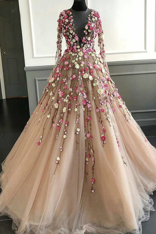 Puffy Long Sleeves Tulle Prom Dress with Lace Flowers, Long Party Dress with Beautiful Flowers  gh2280