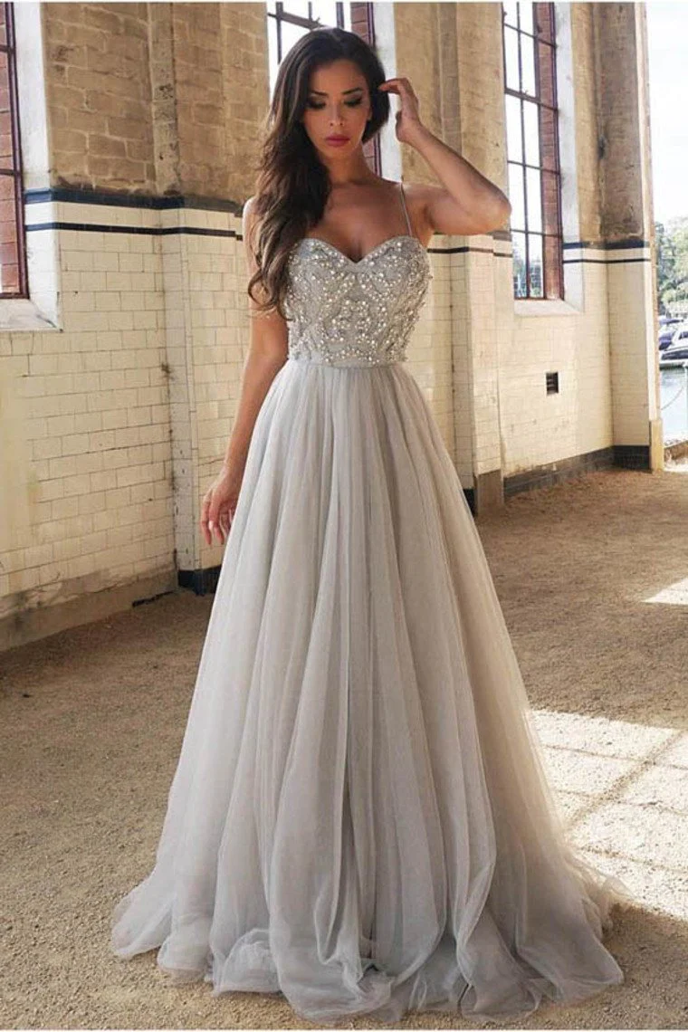 Spaghetti Straps Beaded Bodice Prom Dresses A Line Tulle Sweep Train gh2253