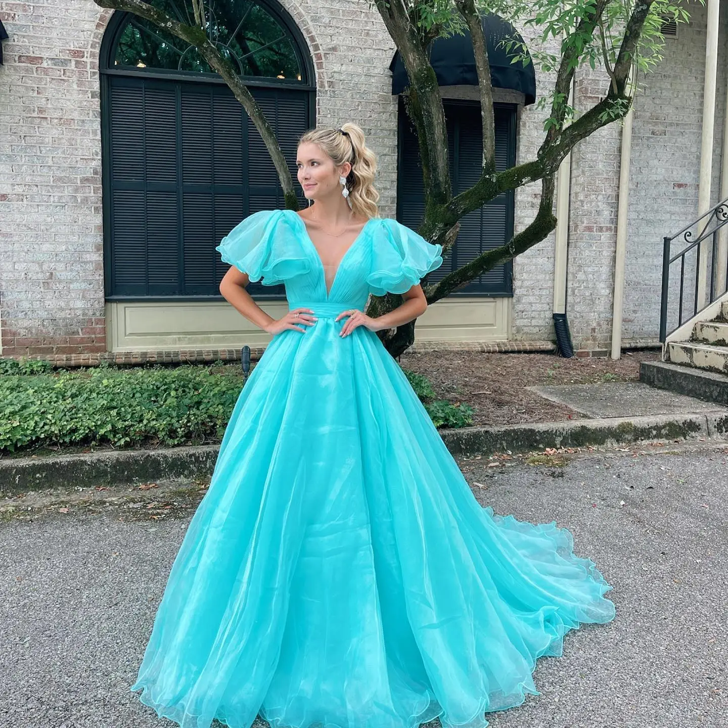 Orange A-line Long Formal Dress with Flutter Sleeves  gh2072