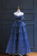 Vintage Blue Beaded Design Elegant A-Line Chiffon Tulle Evening Dress Prom Dress TP4121